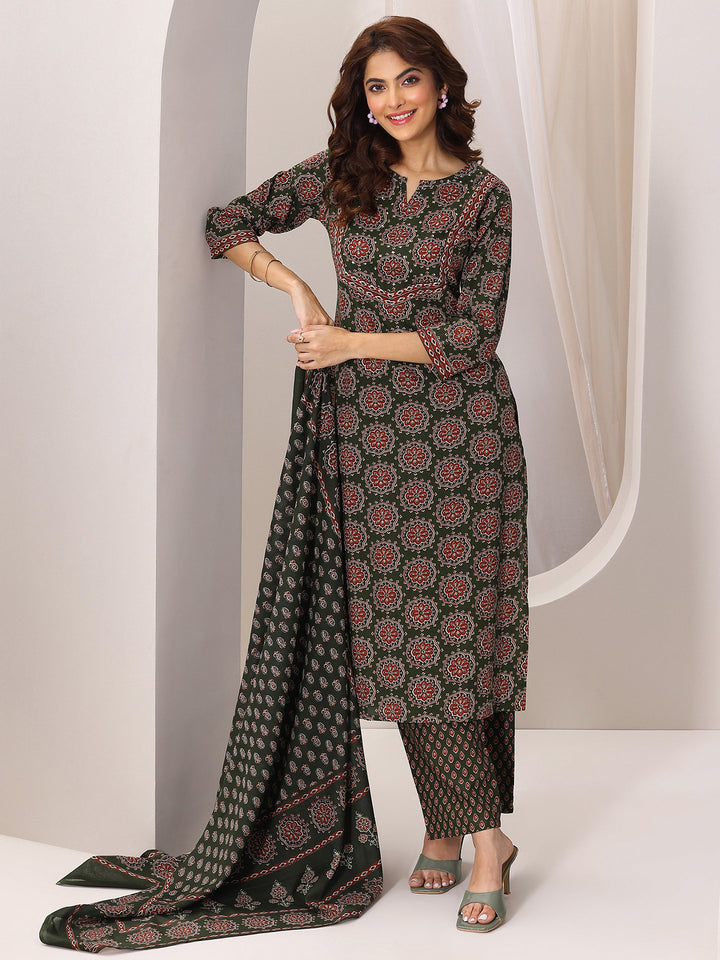 Green Printed Cotton Straight Suit Set With Dupatta