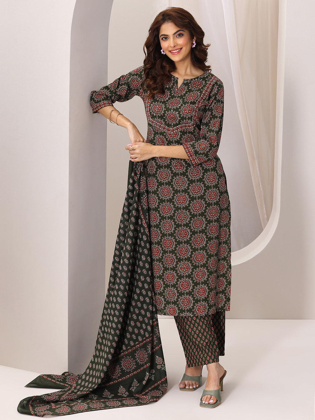 Green Printed Cotton Straight Suit Set With Dupatta