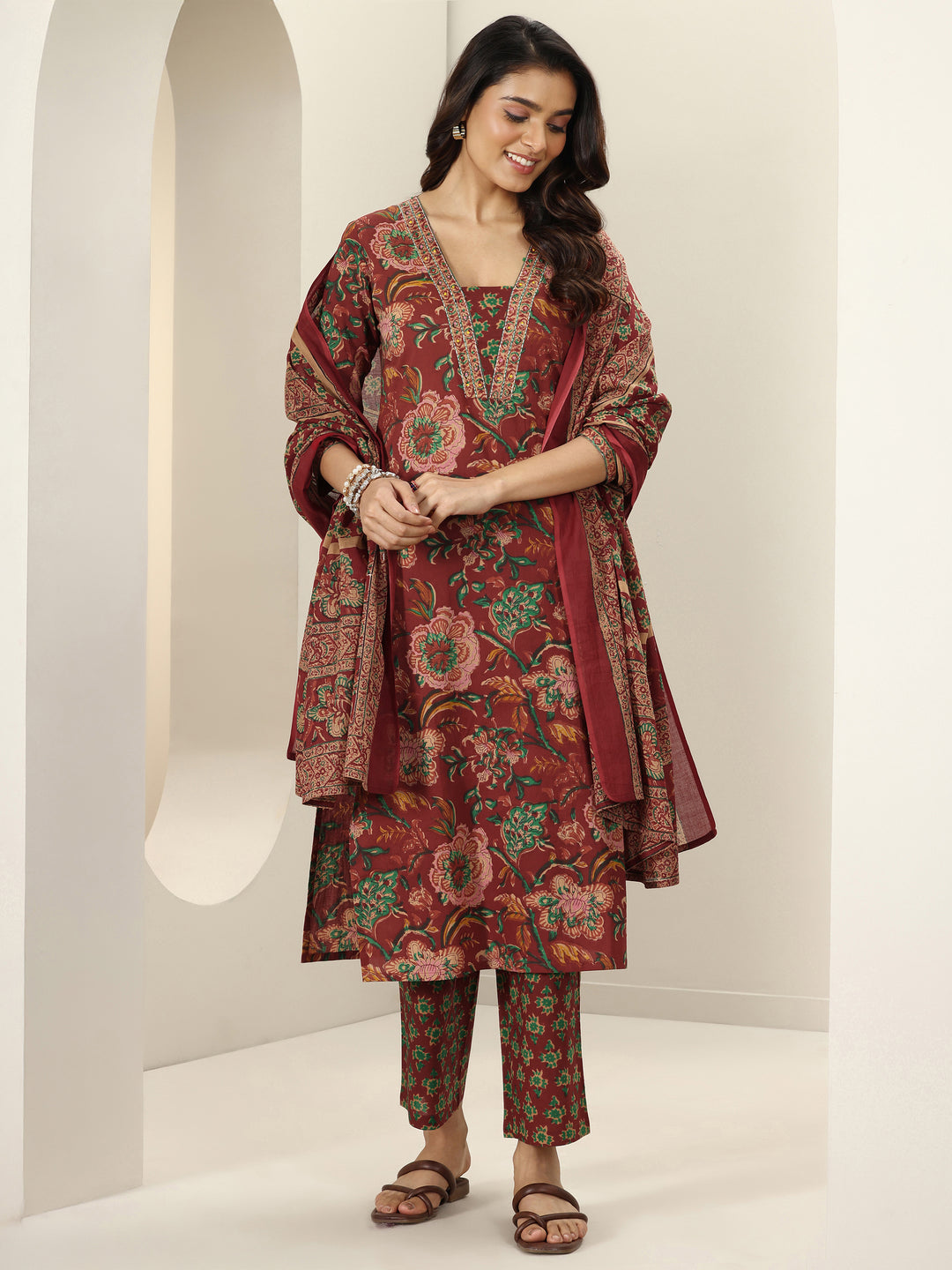 Maroon Printed Cotton Straight Suit Sets With Dupatta