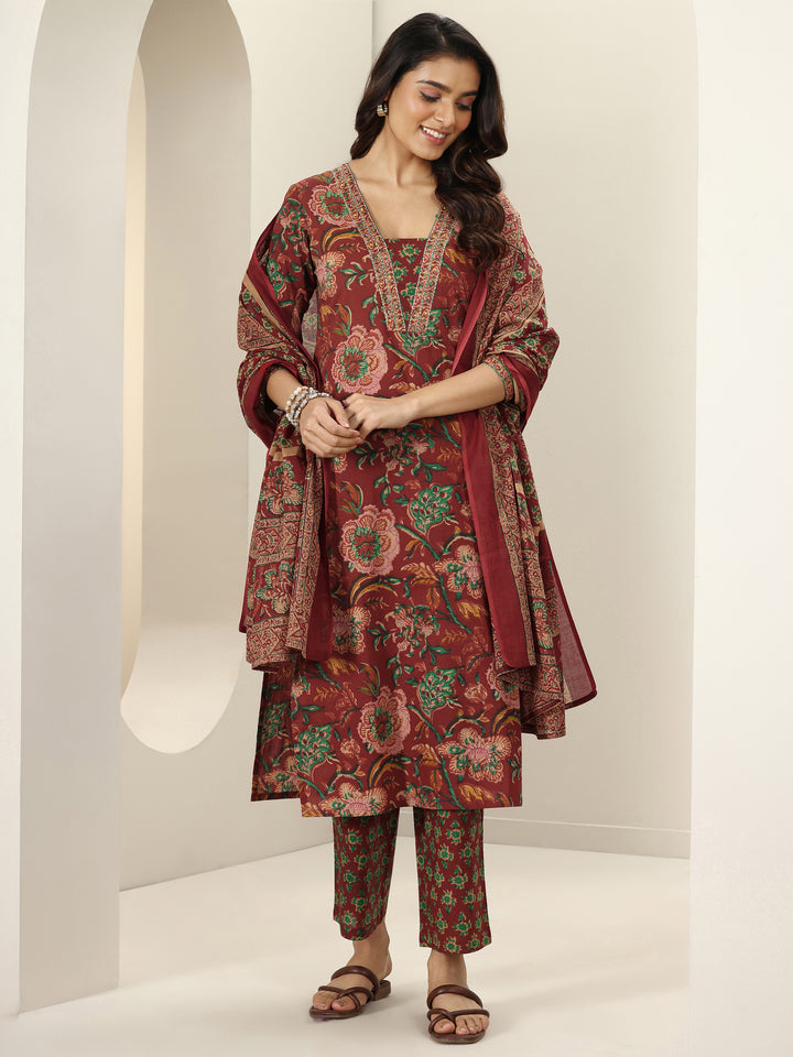 Maroon Printed Cotton Straight Suit Sets With Dupatta