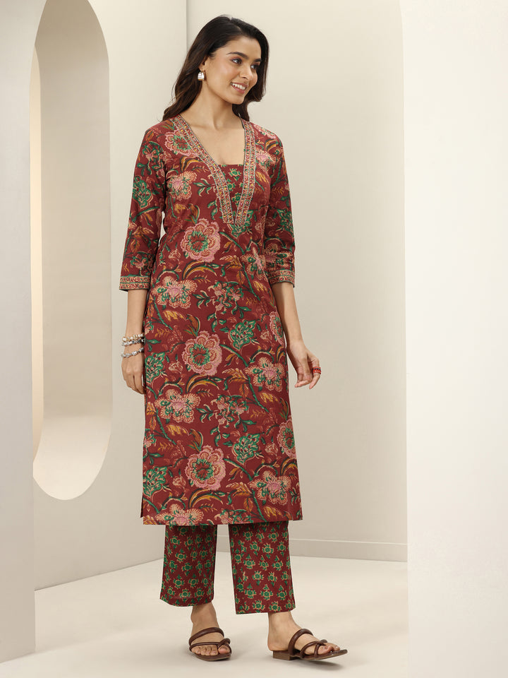 Maroon Printed Cotton Straight Suit Sets With Dupatta