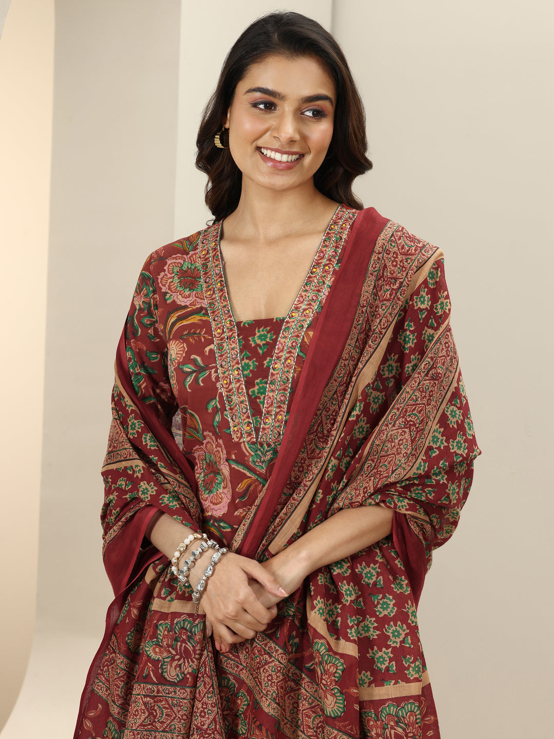 Maroon Printed Cotton Straight Suit Sets With Dupatta