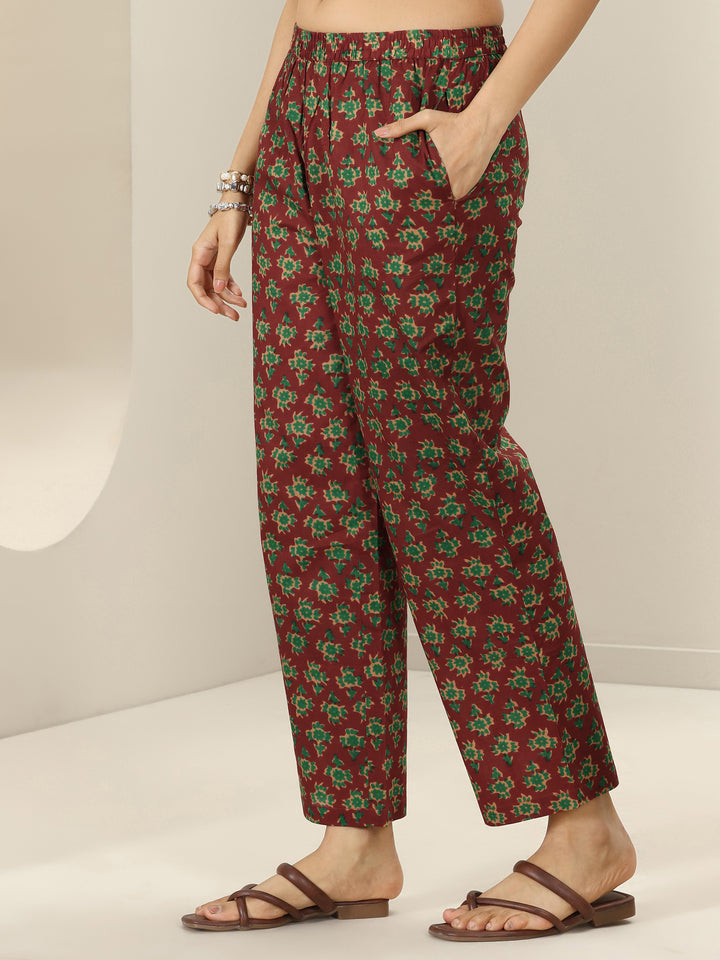 Maroon Printed Cotton Straight Suit Sets With Dupatta