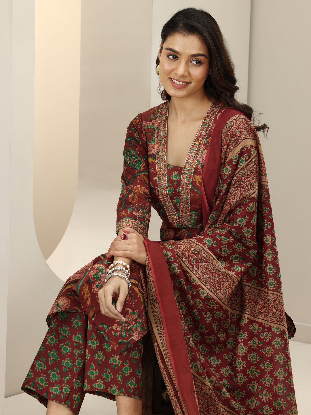 Maroon Printed Cotton Straight Suit Sets With Dupatta
