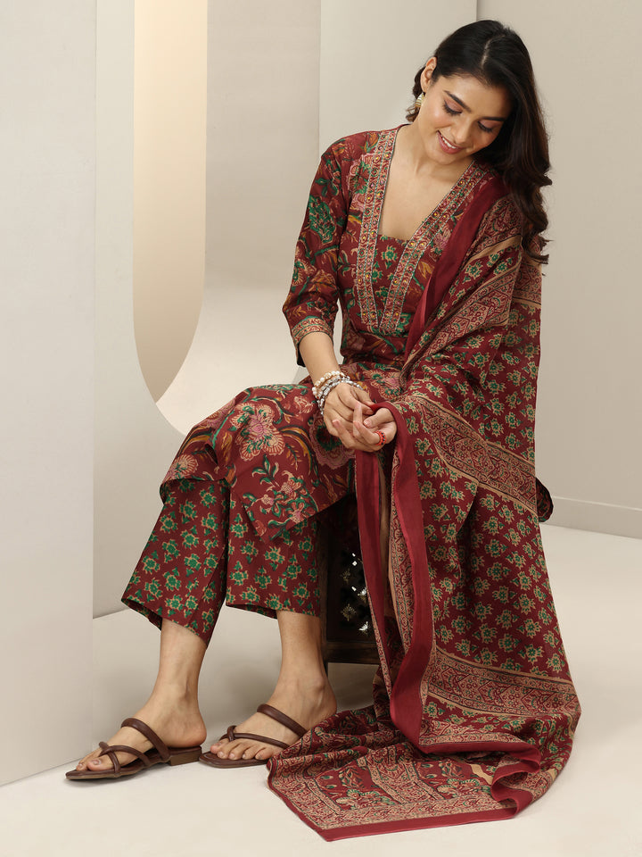 Maroon Printed Cotton Straight Suit Sets With Dupatta