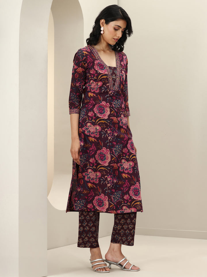 Burgundy Printed Cotton Straight Suit Sets With Dupatta