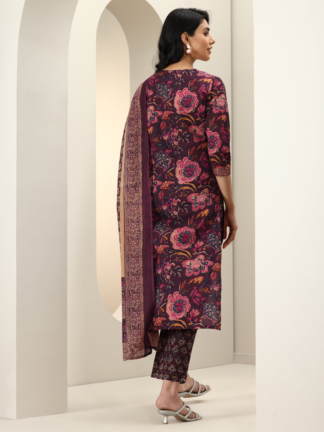 Burgundy Printed Cotton Straight Suit Sets With Dupatta