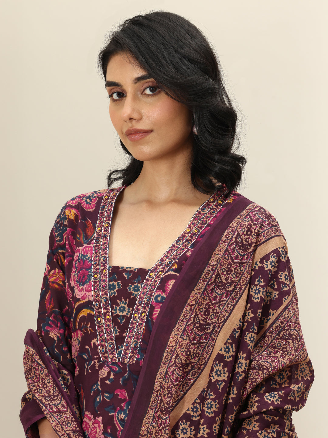 Burgundy Printed Cotton Straight Suit Sets With Dupatta