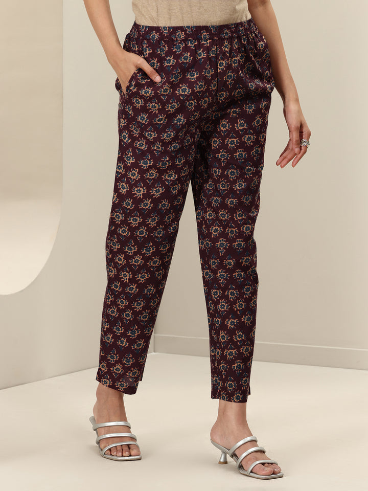 Burgundy Printed Cotton Straight Suit Sets With Dupatta