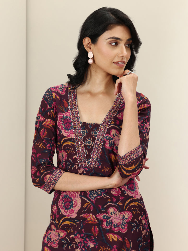 Burgundy Printed Cotton Straight Suit Sets With Dupatta