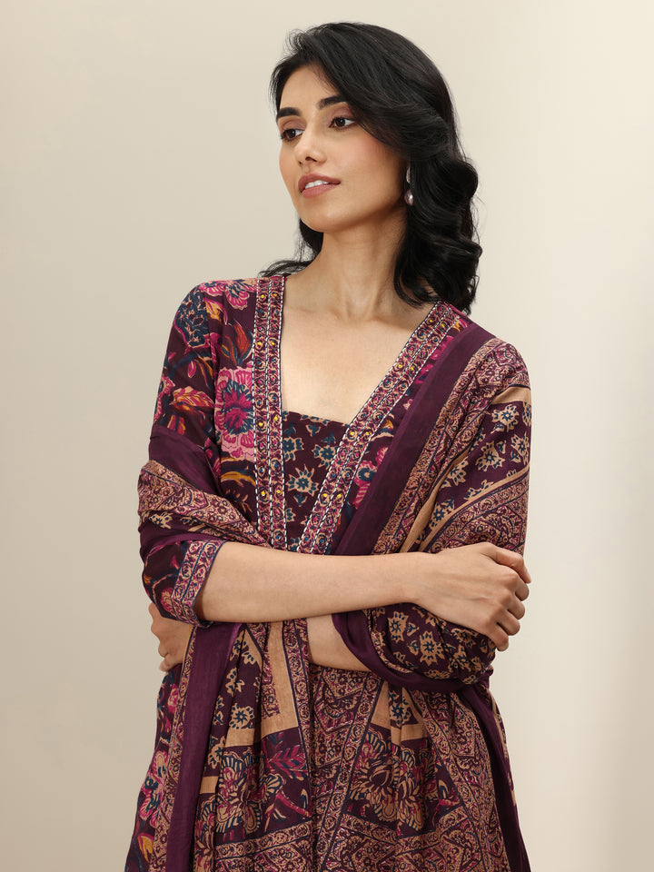 Burgundy Printed Cotton Straight Suit Sets With Dupatta