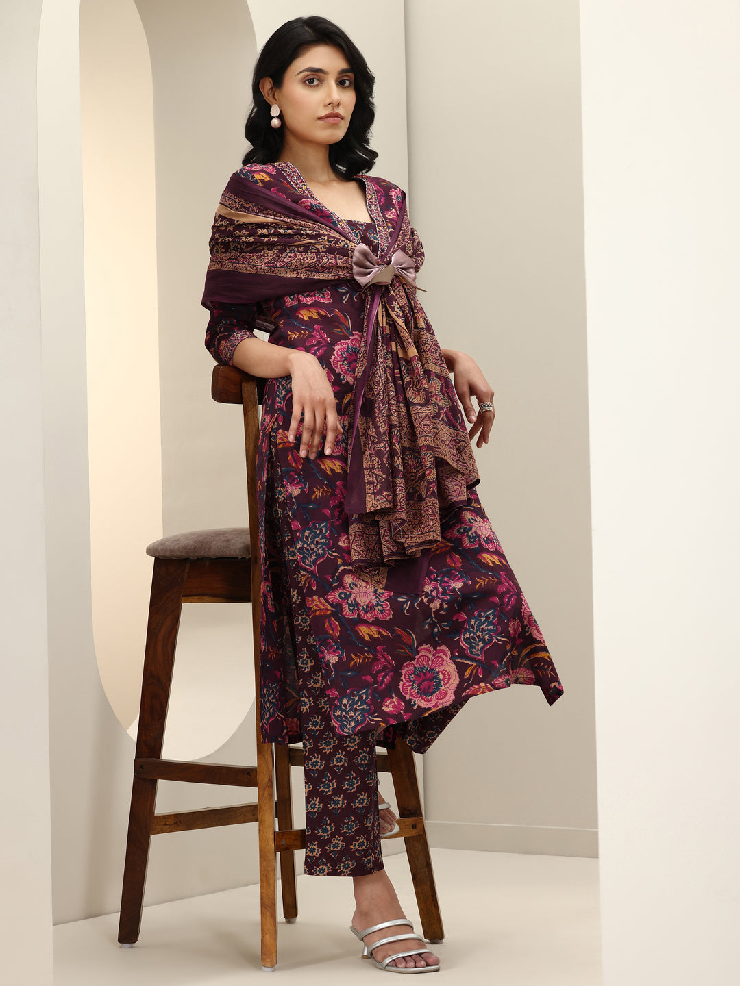 Burgundy Printed Cotton Straight Suit Sets With Dupatta