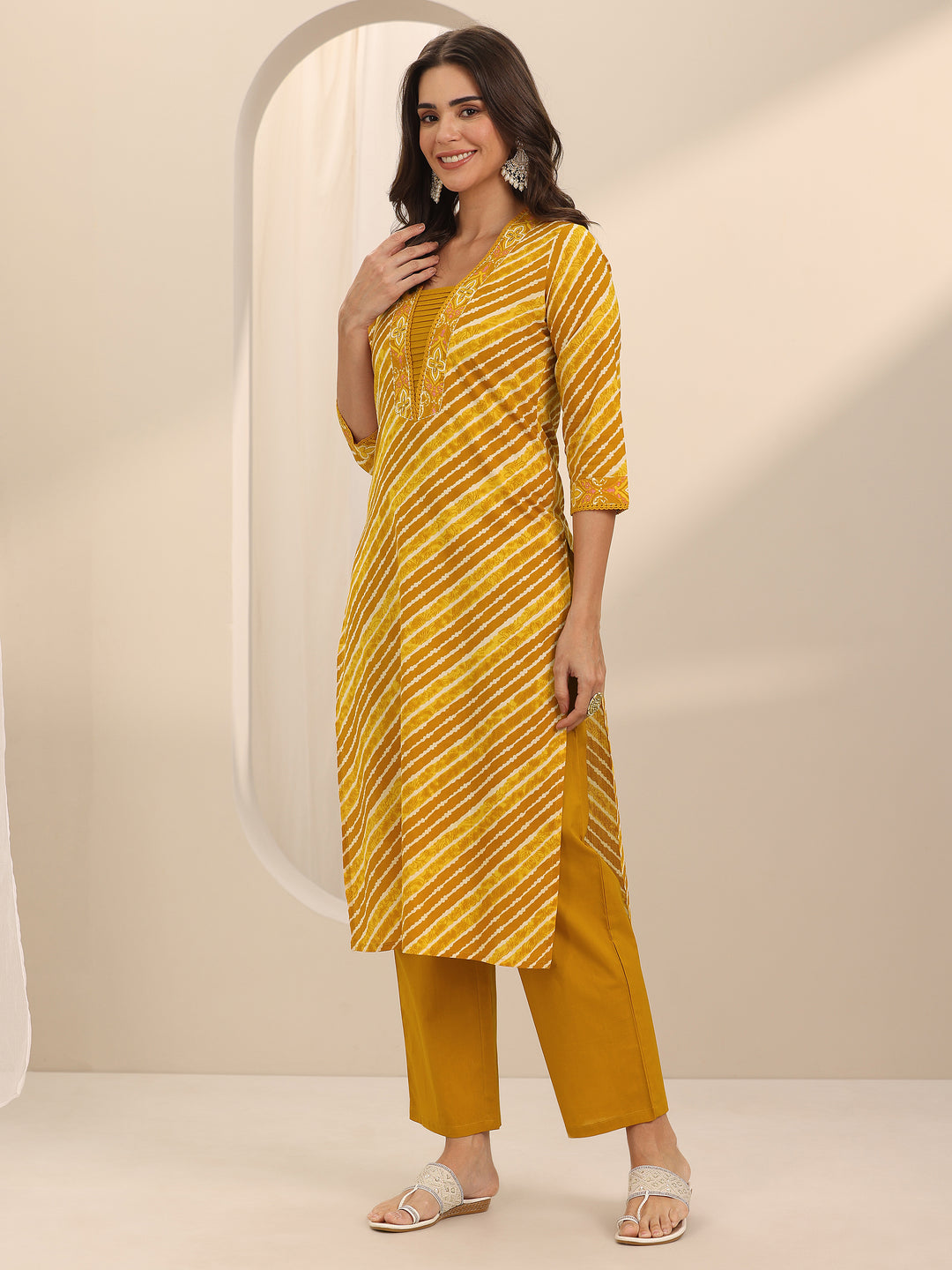 Mustard Printed Cotton Straight Suit Set With Dupatta