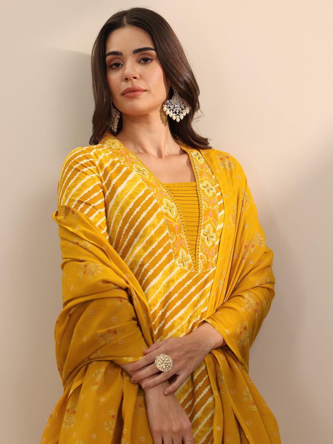 Mustard Printed Cotton Straight Suit Set With Dupatta