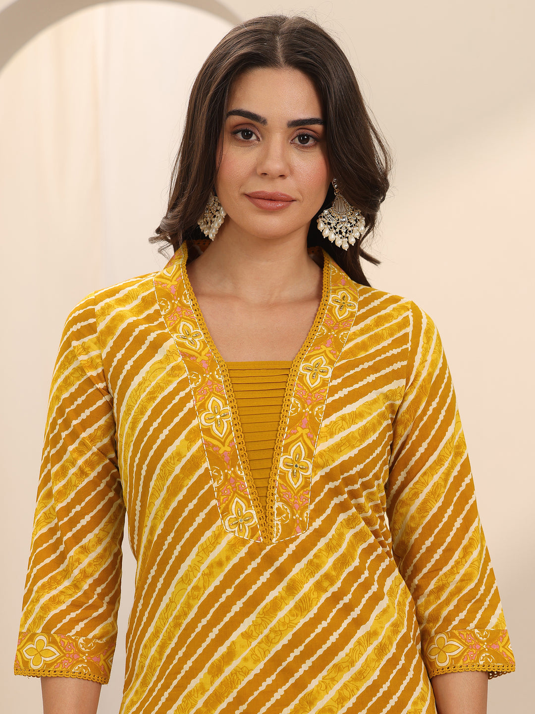 Mustard Printed Cotton Straight Suit Set With Dupatta