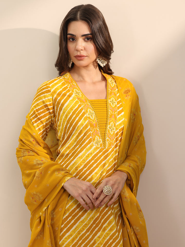 Mustard Printed Cotton Straight Suit Set With Dupatta