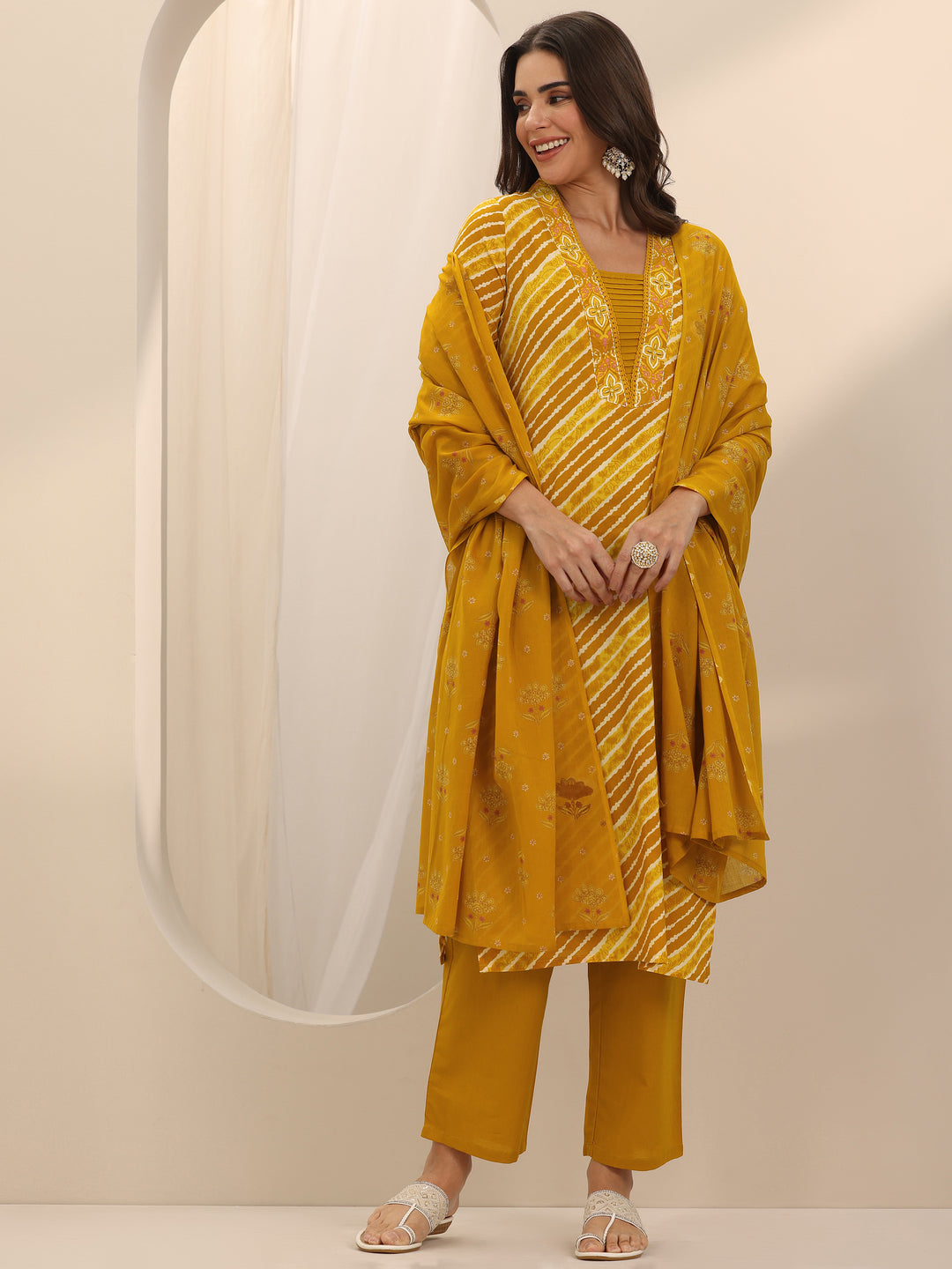 Mustard Printed Cotton Straight Suit Set With Dupatta