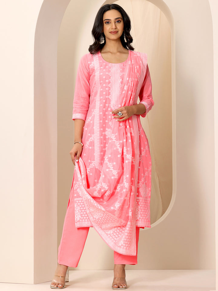 Pink Woven Design Chanderi Silk Straight Suit Set With Dupatta