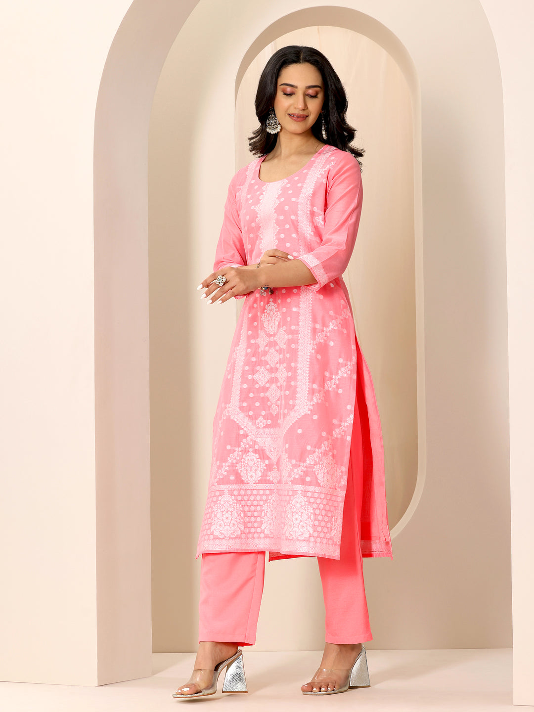 Pink Woven Design Chanderi Silk Straight Suit Set With Dupatta