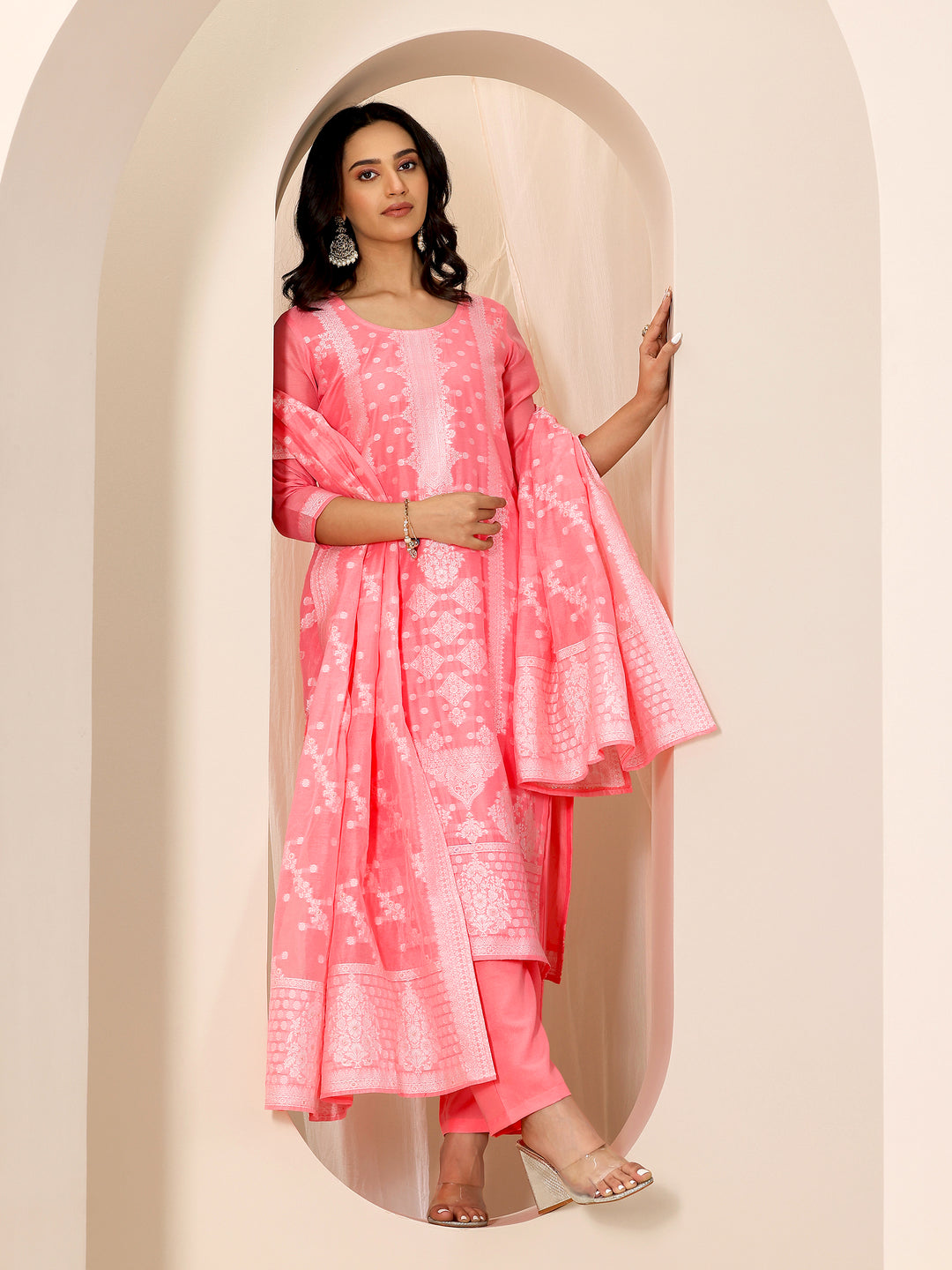 Pink Woven Design Chanderi Silk Straight Suit Set With Dupatta