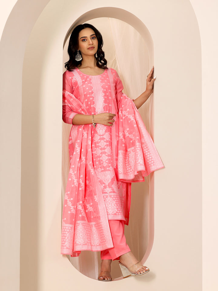 Pink Woven Design Chanderi Silk Straight Suit Set With Dupatta