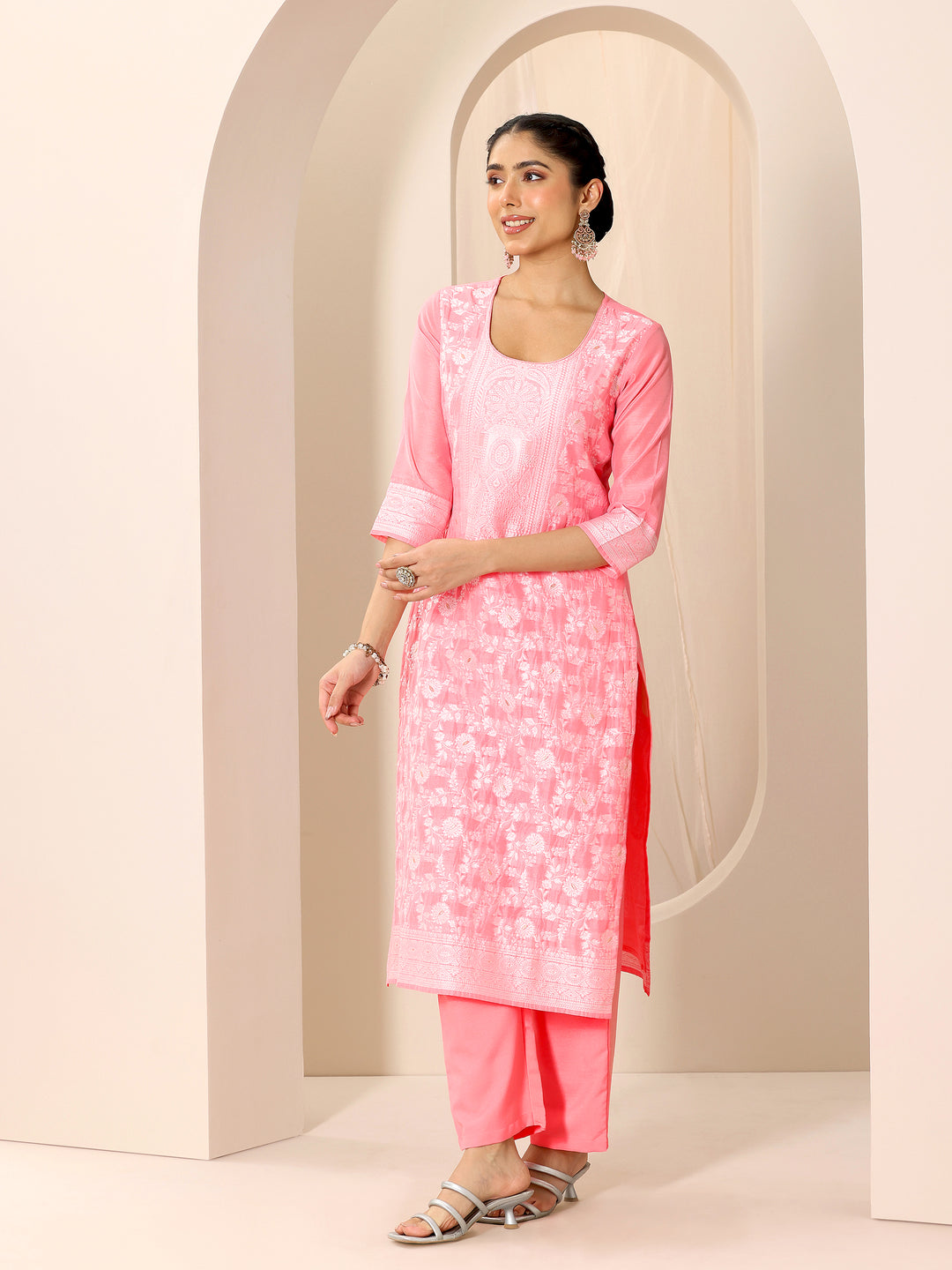 Pink Woven Design Chanderi Silk Straight Suit Set With Dupatta