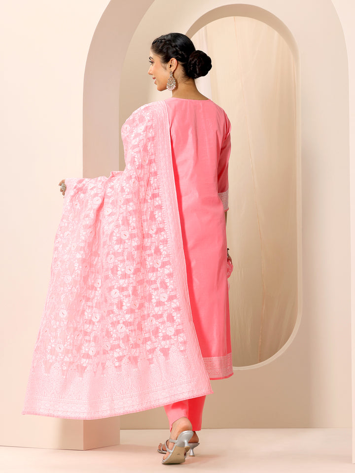 Pink Woven Design Chanderi Silk Straight Suit Set With Dupatta