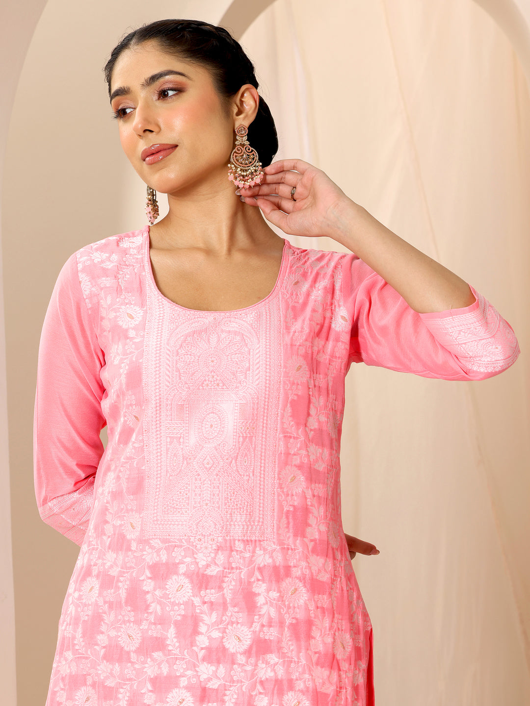 Pink Woven Design Chanderi Silk Straight Suit Set With Dupatta