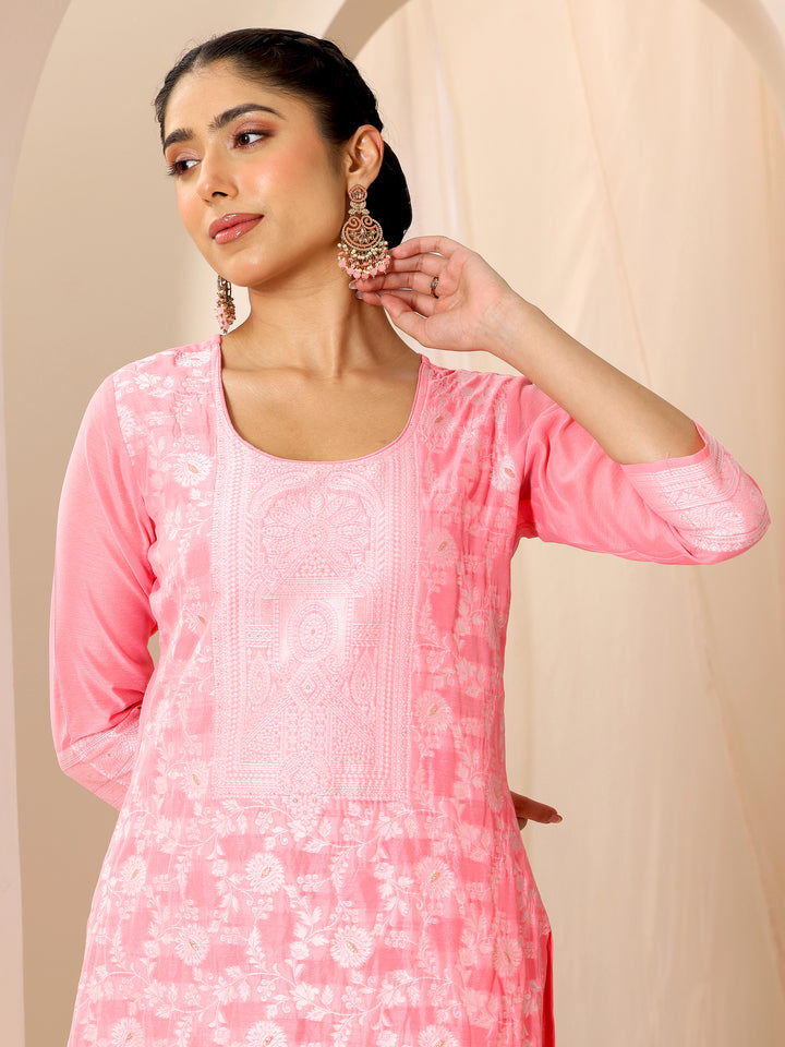 Pink Woven Design Chanderi Silk Straight Suit Set With Dupatta