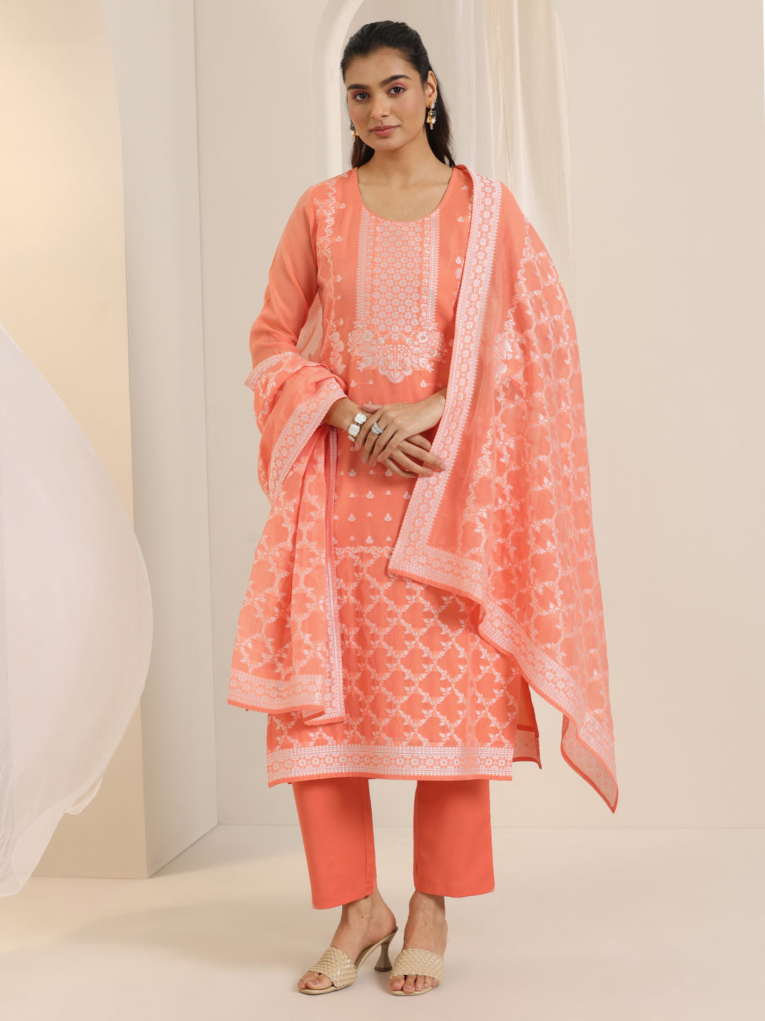 Orange Woven Design Chanderi Silk Straight Suit Set With Dupatta