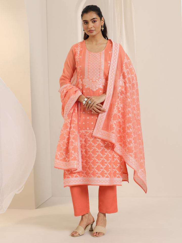 Orange Woven Design Chanderi Silk Straight Suit Set With Dupatta
