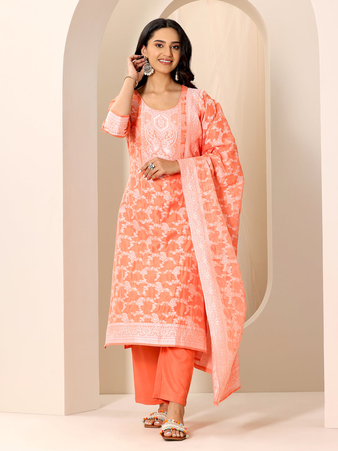 Orange Woven Design Chanderi Silk Straight Suit Set With Dupatta