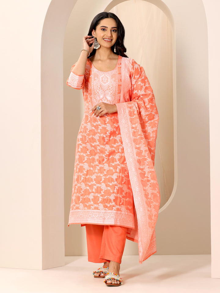 Orange Woven Design Chanderi Silk Straight Suit Set With Dupatta