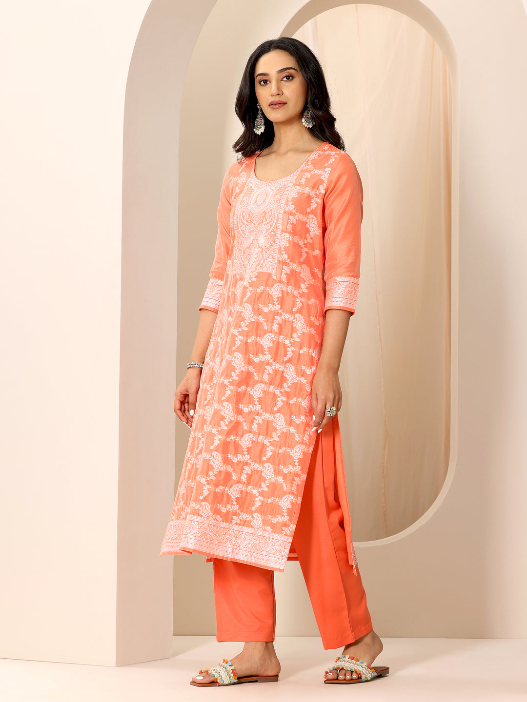 Orange Woven Design Chanderi Silk Straight Suit Set With Dupatta