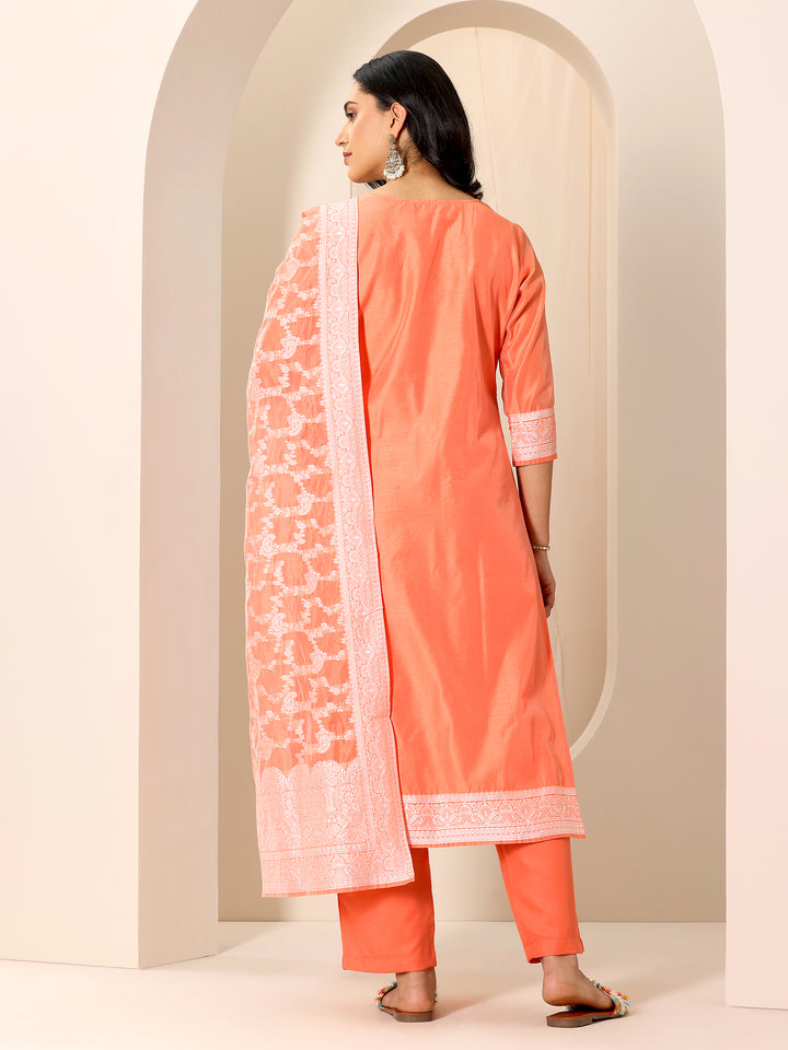 Orange Woven Design Chanderi Silk Straight Suit Set With Dupatta