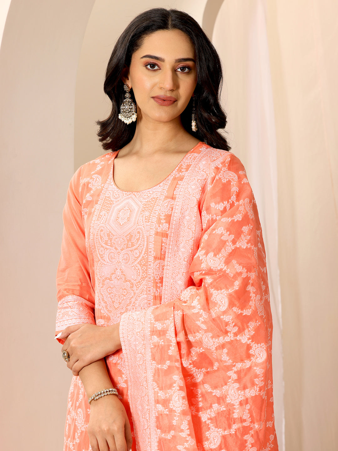 Orange Woven Design Chanderi Silk Straight Suit Set With Dupatta