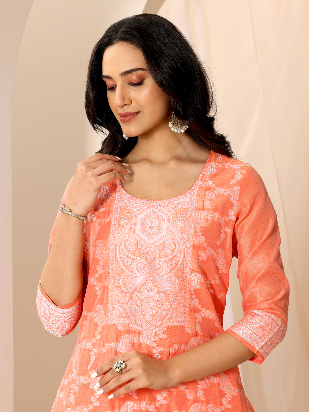 Orange Woven Design Chanderi Silk Straight Suit Set With Dupatta