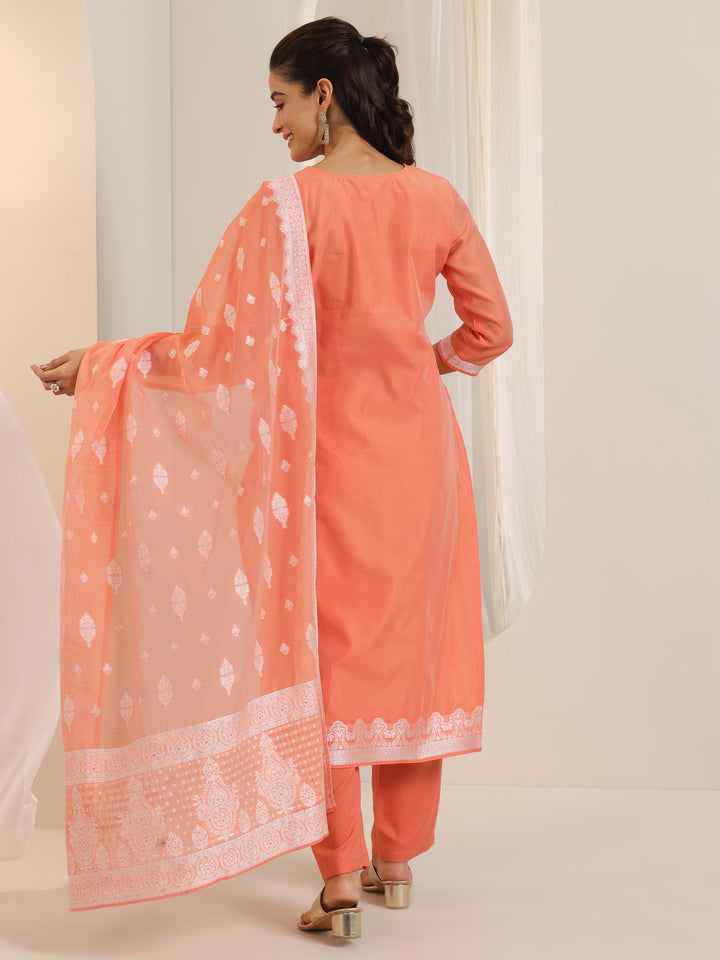 Orange Woven Design Chanderi Silk Straight Suit Set With Dupatta