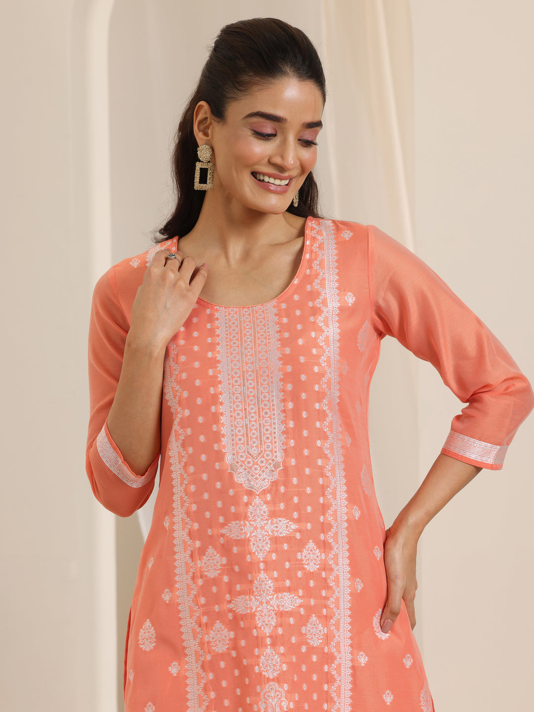 Orange Woven Design Chanderi Silk Straight Suit Set With Dupatta