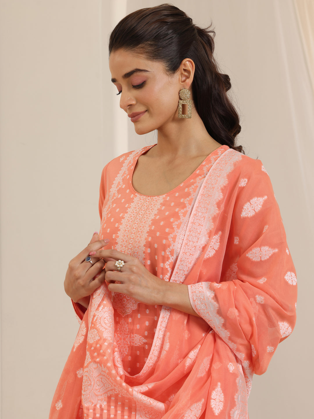 Orange Woven Design Chanderi Silk Straight Suit Set With Dupatta