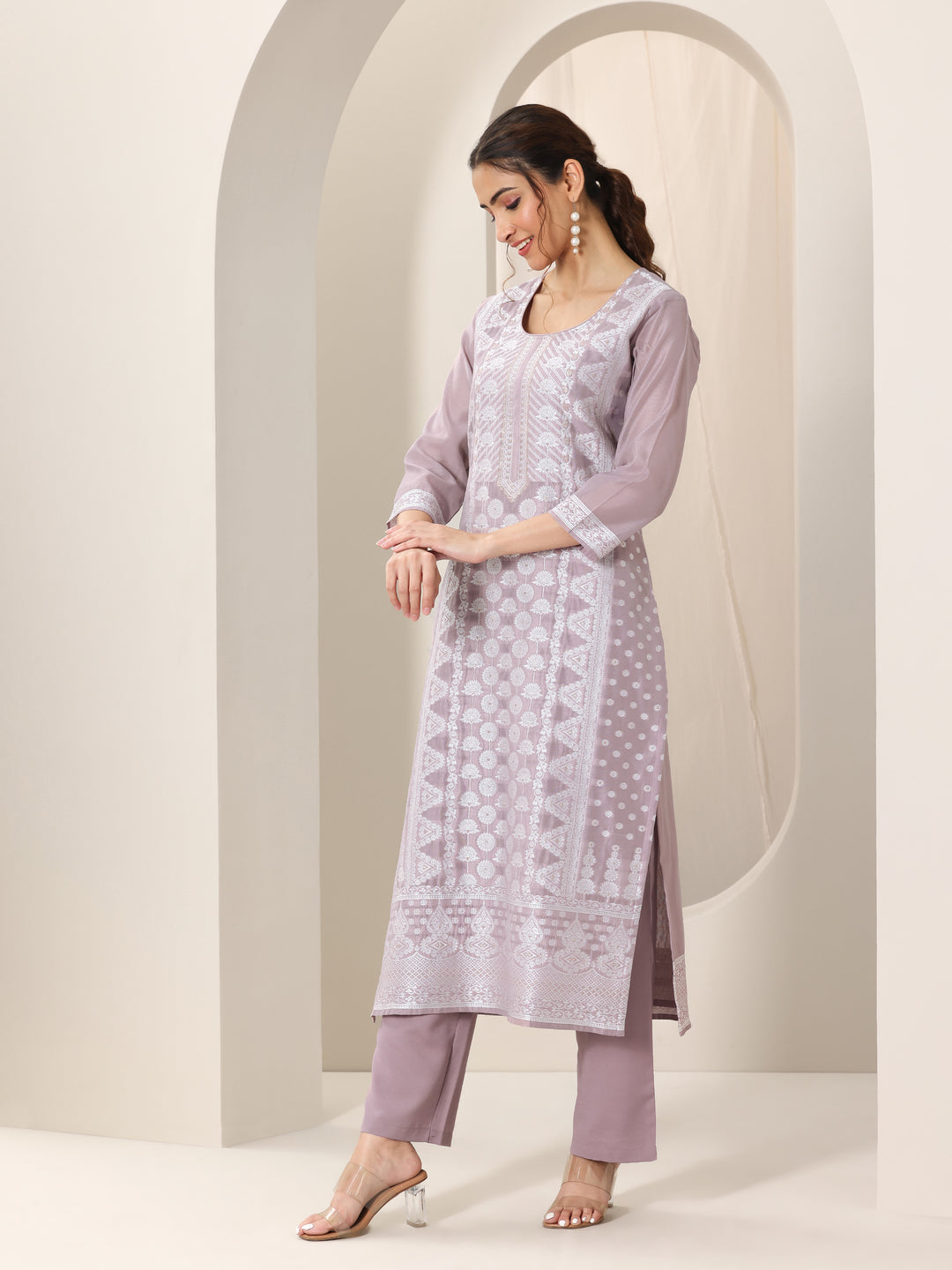 Mauve Woven Design Chanderi Silk Straight Suit Set With Dupatta