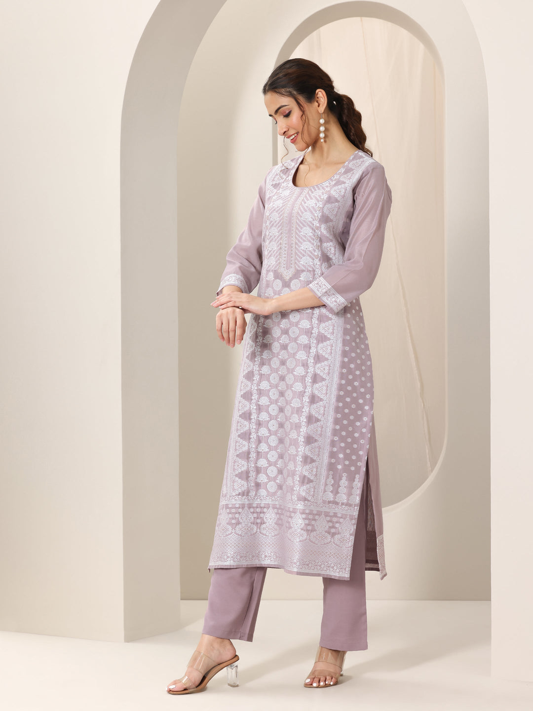 Mauve Woven Design Chanderi Silk Straight Suit Set With Dupatta