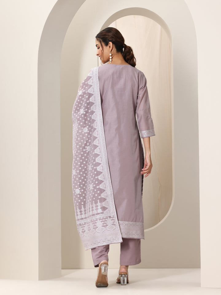 Mauve Woven Design Chanderi Silk Straight Suit Set With Dupatta