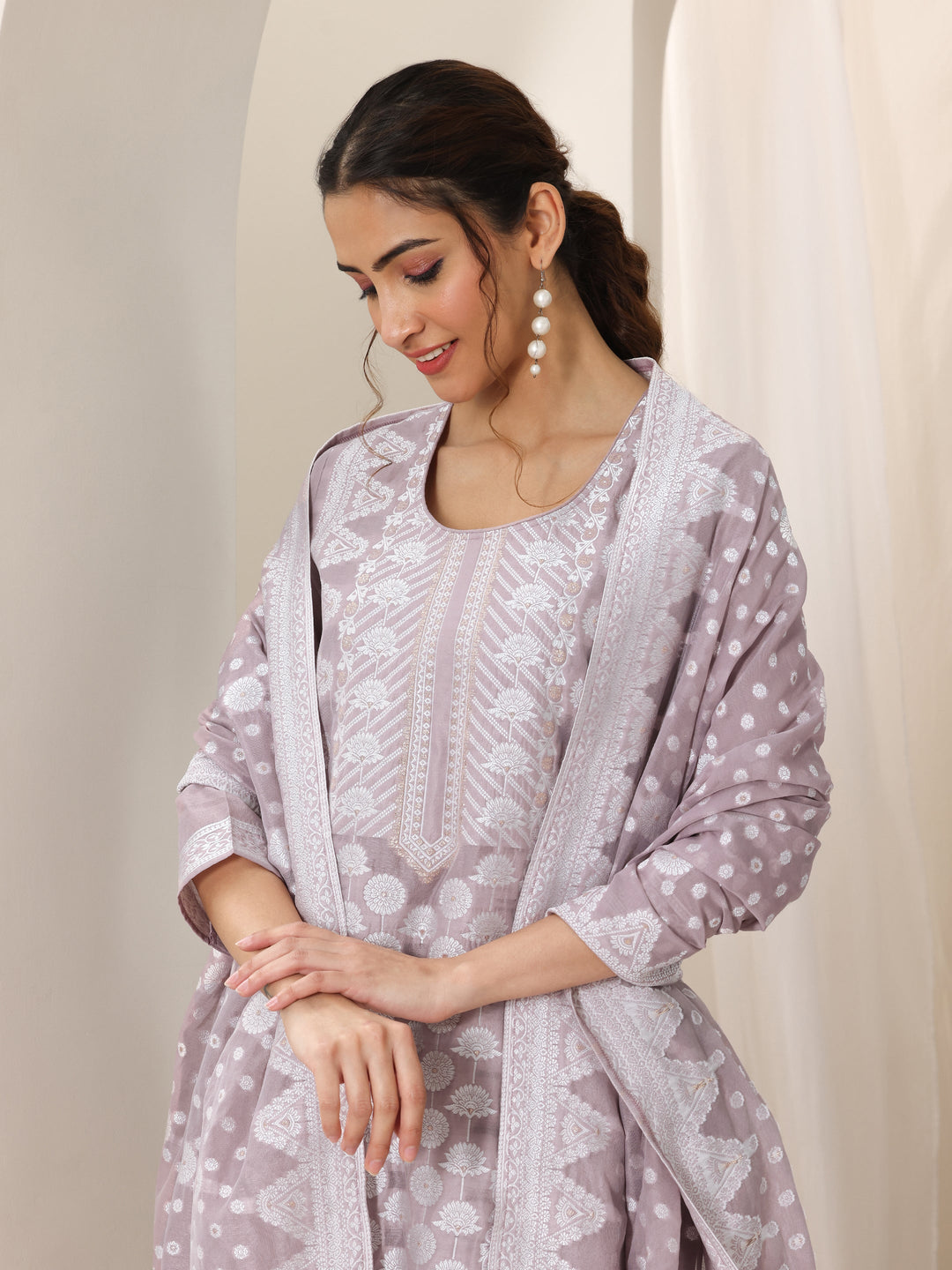 Mauve Woven Design Chanderi Silk Straight Suit Set With Dupatta