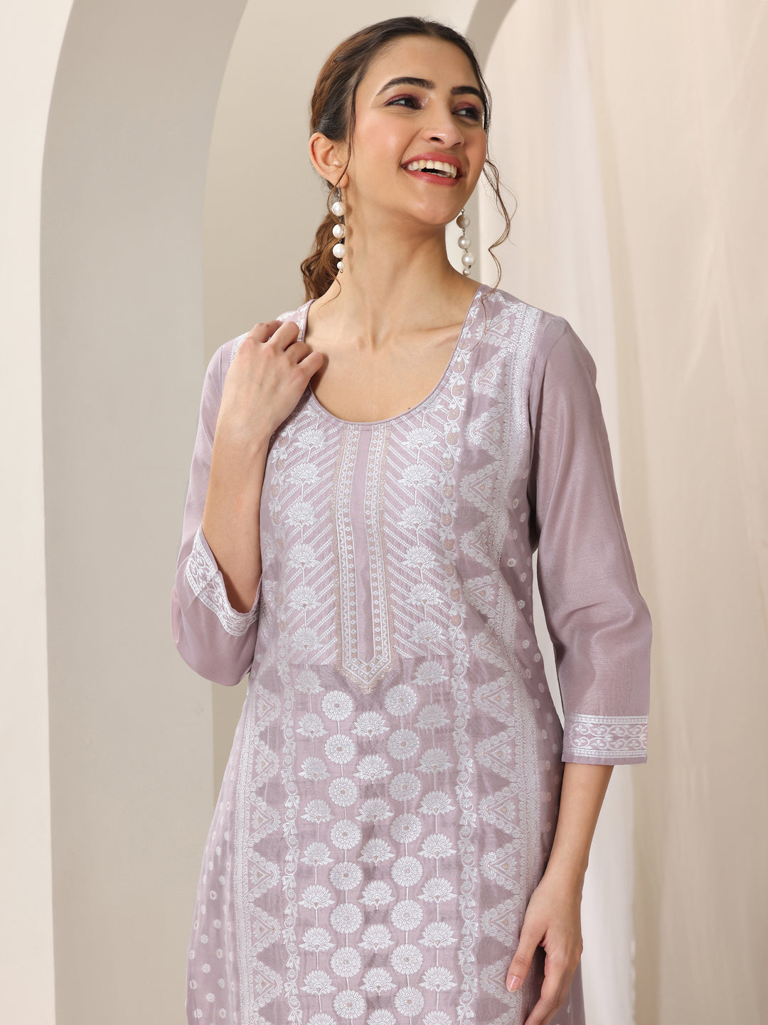 Mauve Woven Design Chanderi Silk Straight Suit Set With Dupatta