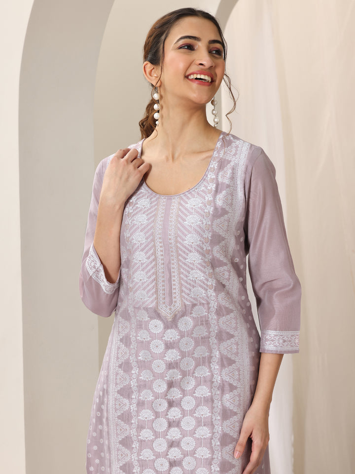 Mauve Woven Design Chanderi Silk Straight Suit Set With Dupatta