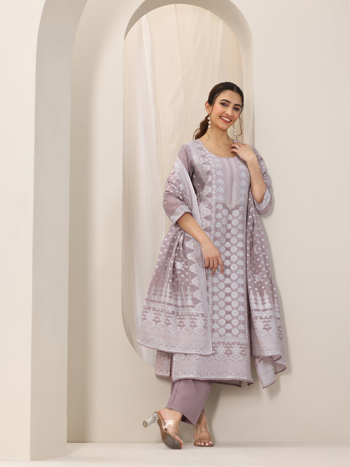 Mauve Woven Design Chanderi Silk Straight Suit Set With Dupatta