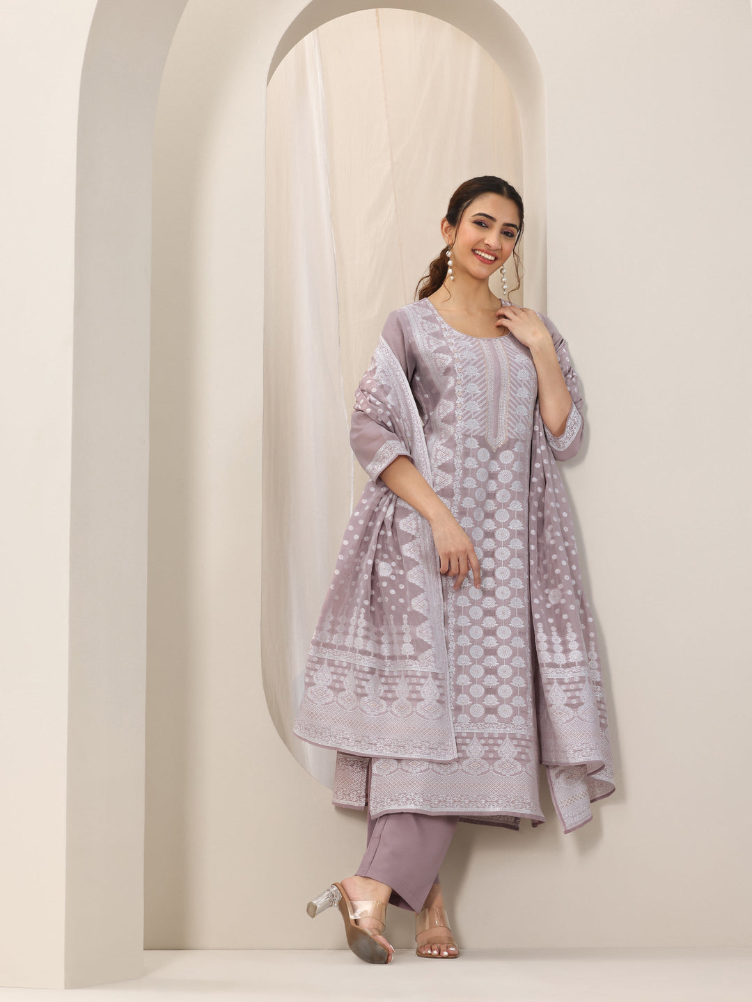 Mauve Woven Design Chanderi Silk Straight Suit Set With Dupatta