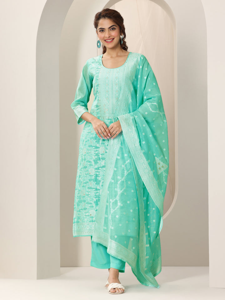 Turquoise Blue Woven Design Chanderi Silk Straight Suit Set With Dupatta