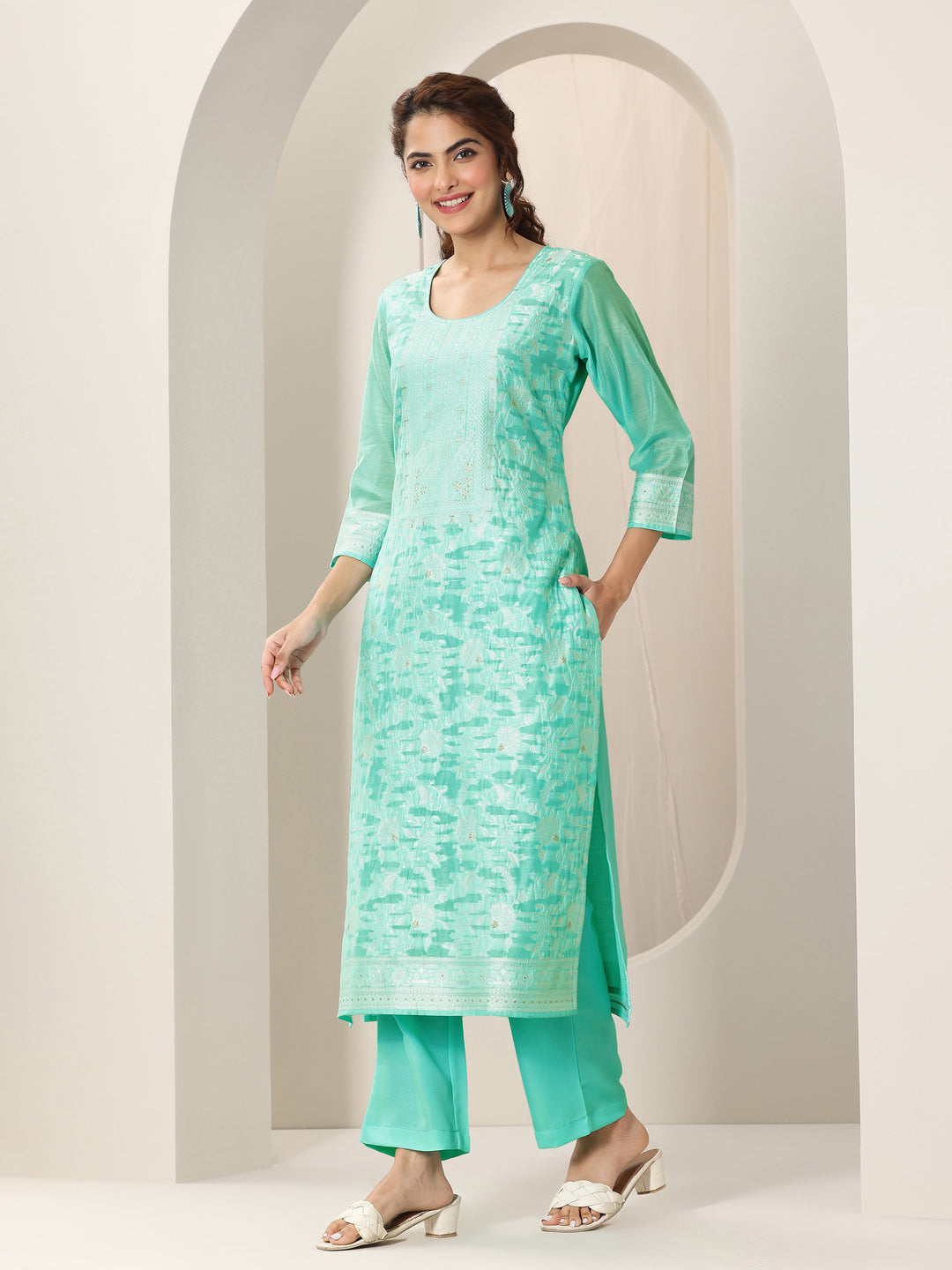 Turquoise Blue Woven Design Chanderi Silk Straight Suit Set With Dupatta